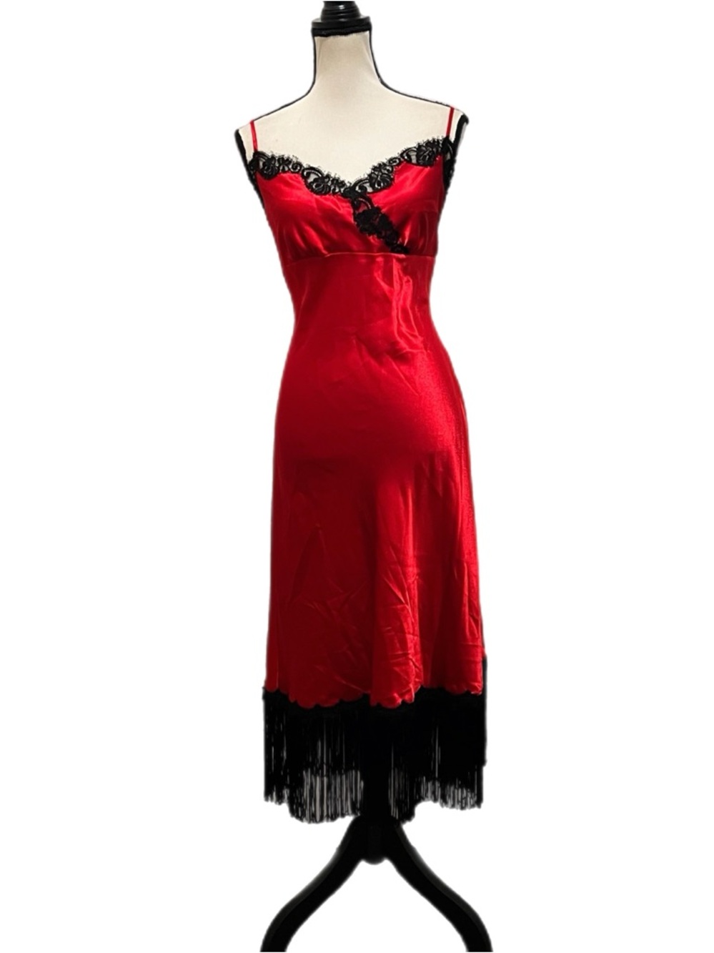Vintage Betsey Johnson New York Red Satin & Black Sheer Lace & Fringe Slip Dress